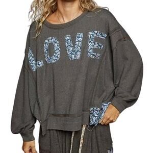 POL Love Patchwork Pullover Long Sleeve Size Small Boho Distressed Graphic Top